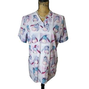 Women's Scrub Top Disney Eeyore Active V-Neck 4 Pocket Scrub Small